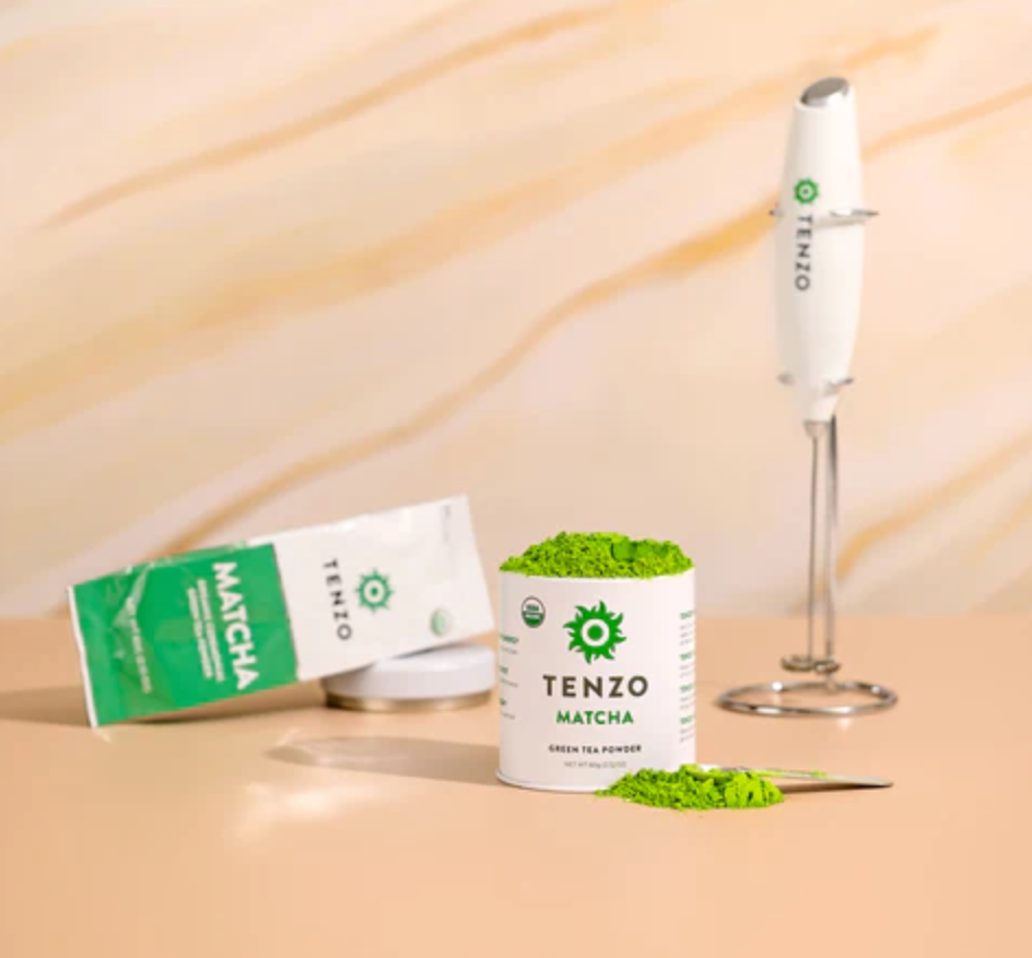 TENZO Matcha packaging with a whisk on a beige background